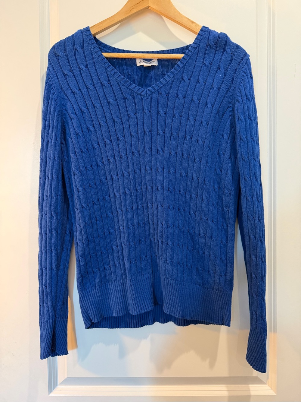 St. John's Bay Women's Large Blue Cable Knit Cotton V-Neck Sweater